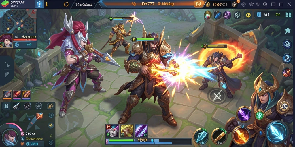 Screenshot gameplay DY777 yang menampilkan pertempuran seru di arena MOBA.