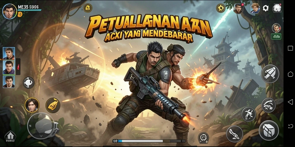Screenshot gameplay ME355 yang menunjukkan aksi mendebarkan di medan perang.