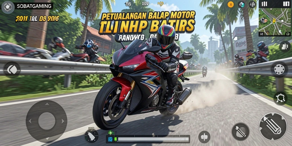 Screenshot gameplay SOBATGAMING menampilkan aksi balap motor yang seru.